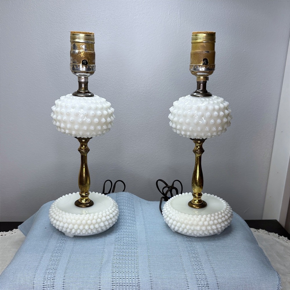 Vintage Hobnail Milk Glass Table Lamps Set of 2 Brass Pedestal Mid Century